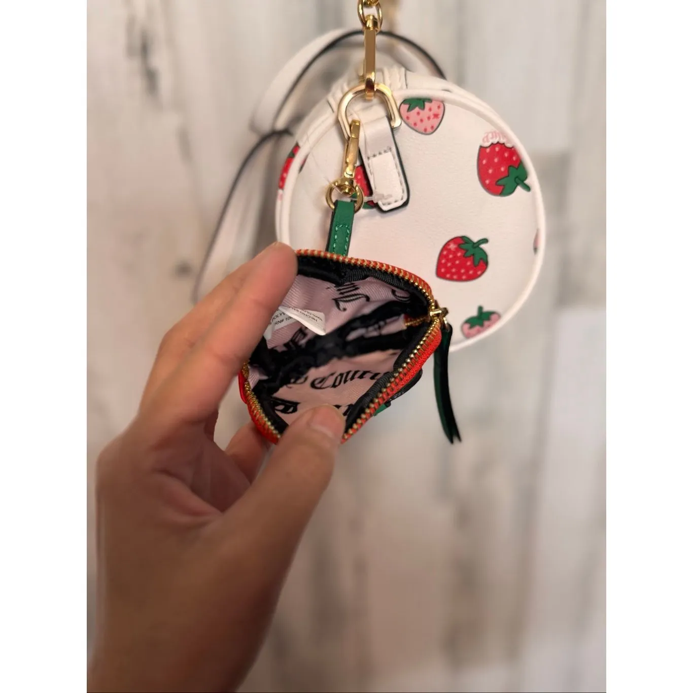 Juicy Couture Strawberry Print Barrel Purse with Coin Pouch | White Pink Red Cro - Image 6