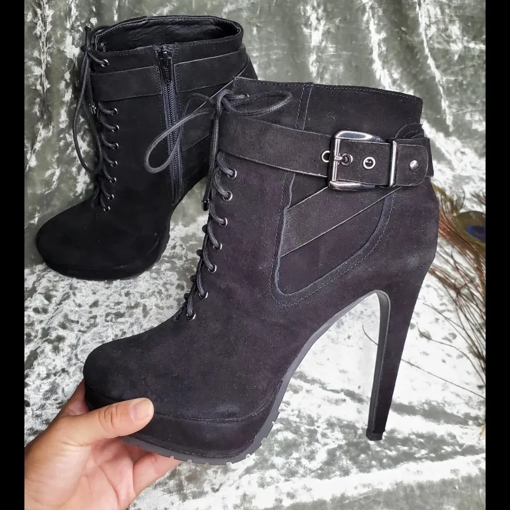 Aldo Black Suede Lace Up Heel Booties - Image 5