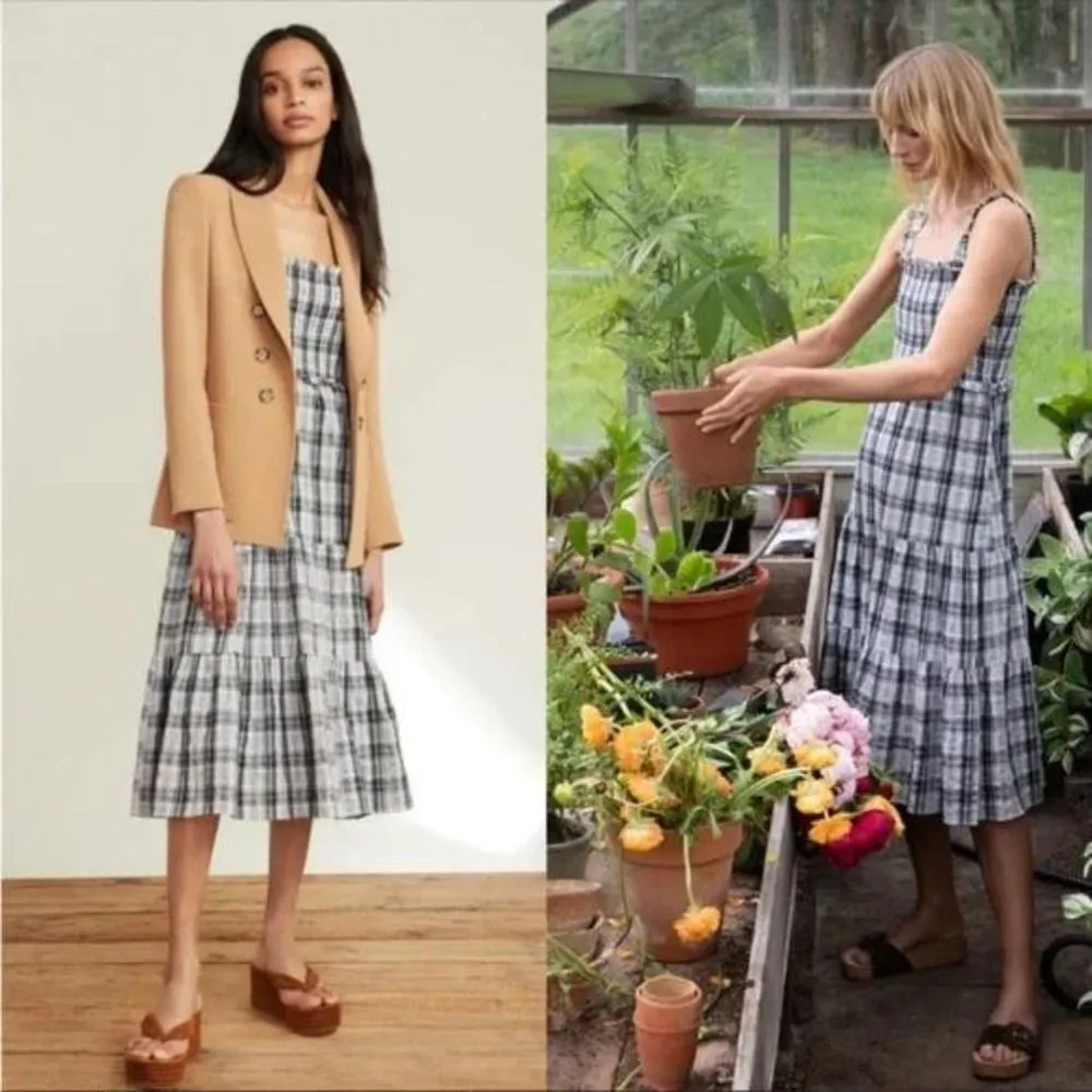 Veronica Beard Ziada Smocked Sleeveless Plaid Midi Dress 4 Black White Tiered - Image 3