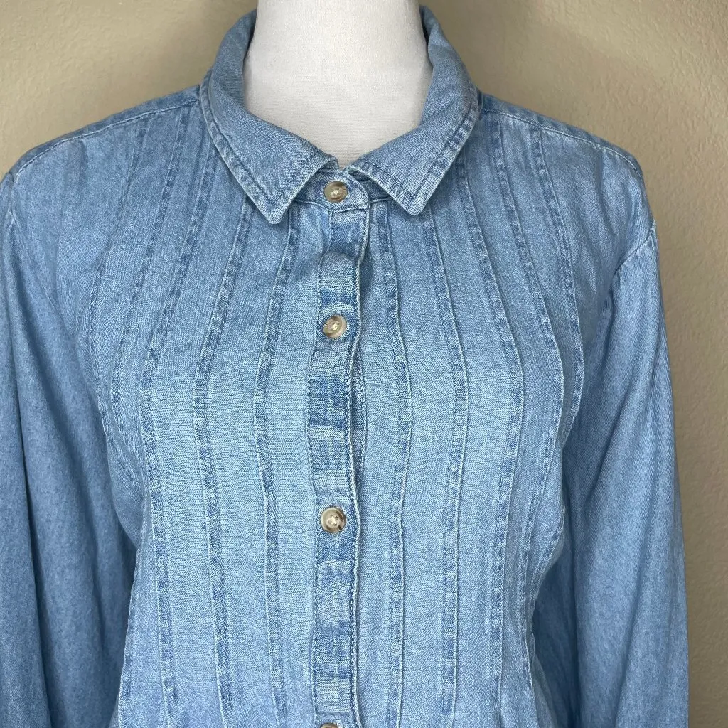 Terra And Sky Women's Stonewash Denim Chambray Pleated Top Shirt Plus Size 3X Blue - Image 2