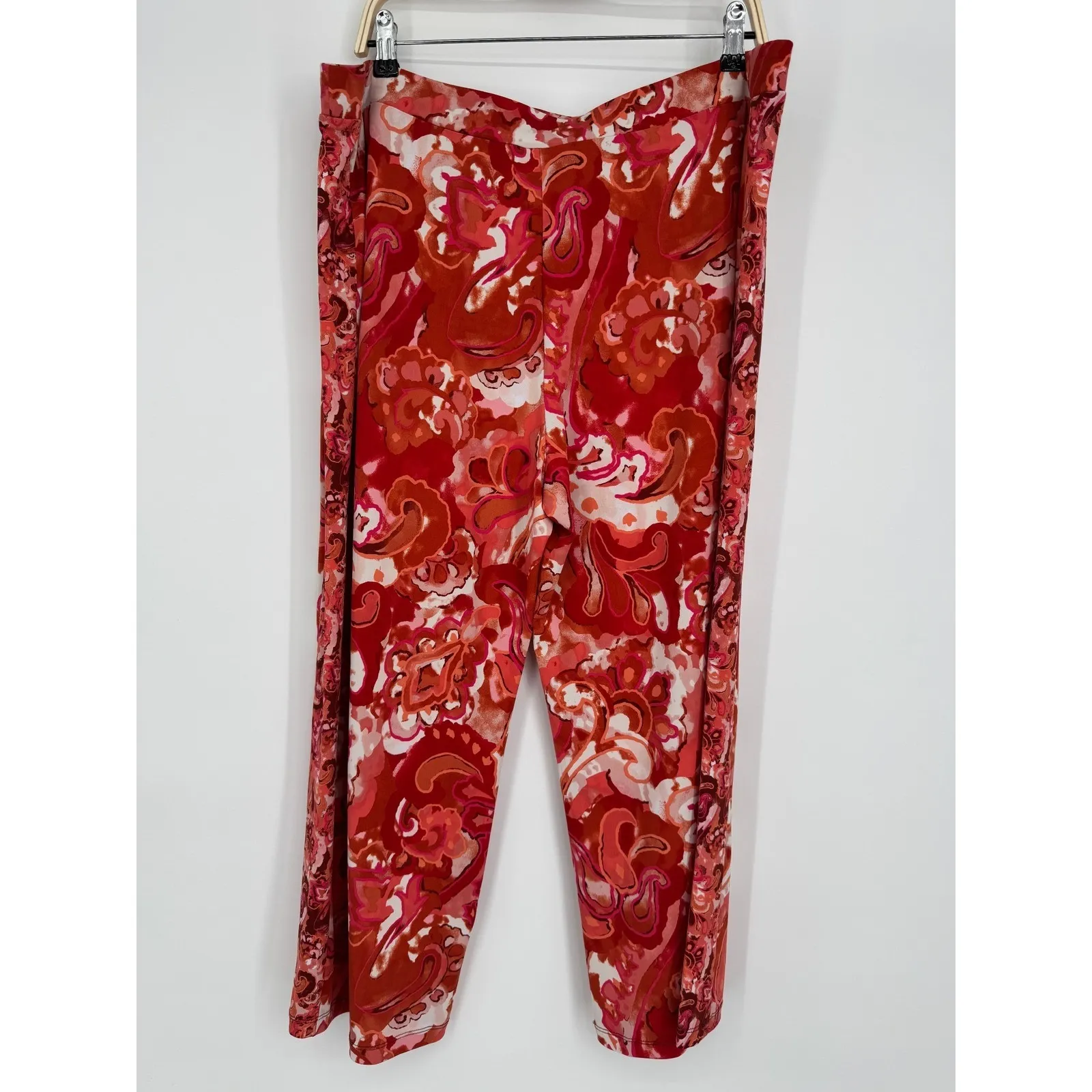 Susan Graver Liquid Knit Pull On Crop Pants XL Orange Red Paisley Vibrant Bold - Image 6