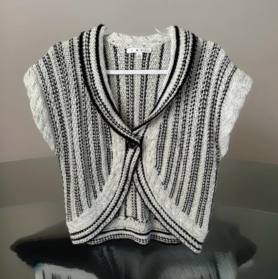 CABI 2011 Vest Capelet Schrug Striped Black & White Knit-Large Wool Blend - Image 1