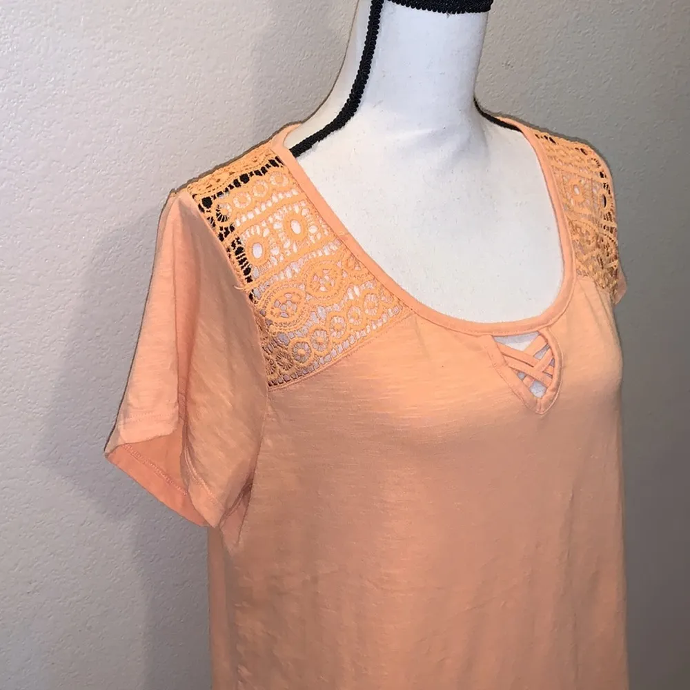 French Laundry peach orange lace keyhole front short sleeve shirt - Image 3