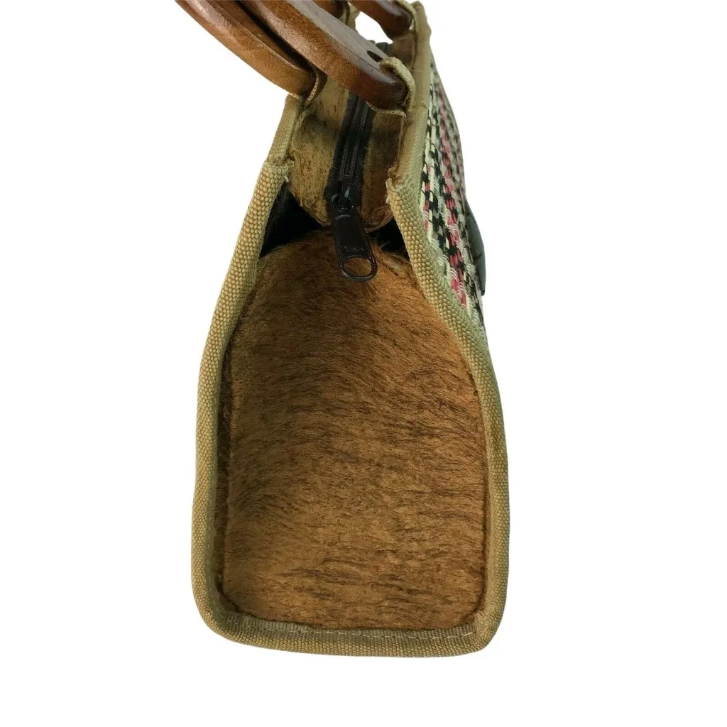Mid Century Modern Handmade Purse Woven Straw Wood u Lined Wood Handle MCM u Brown - Image 4