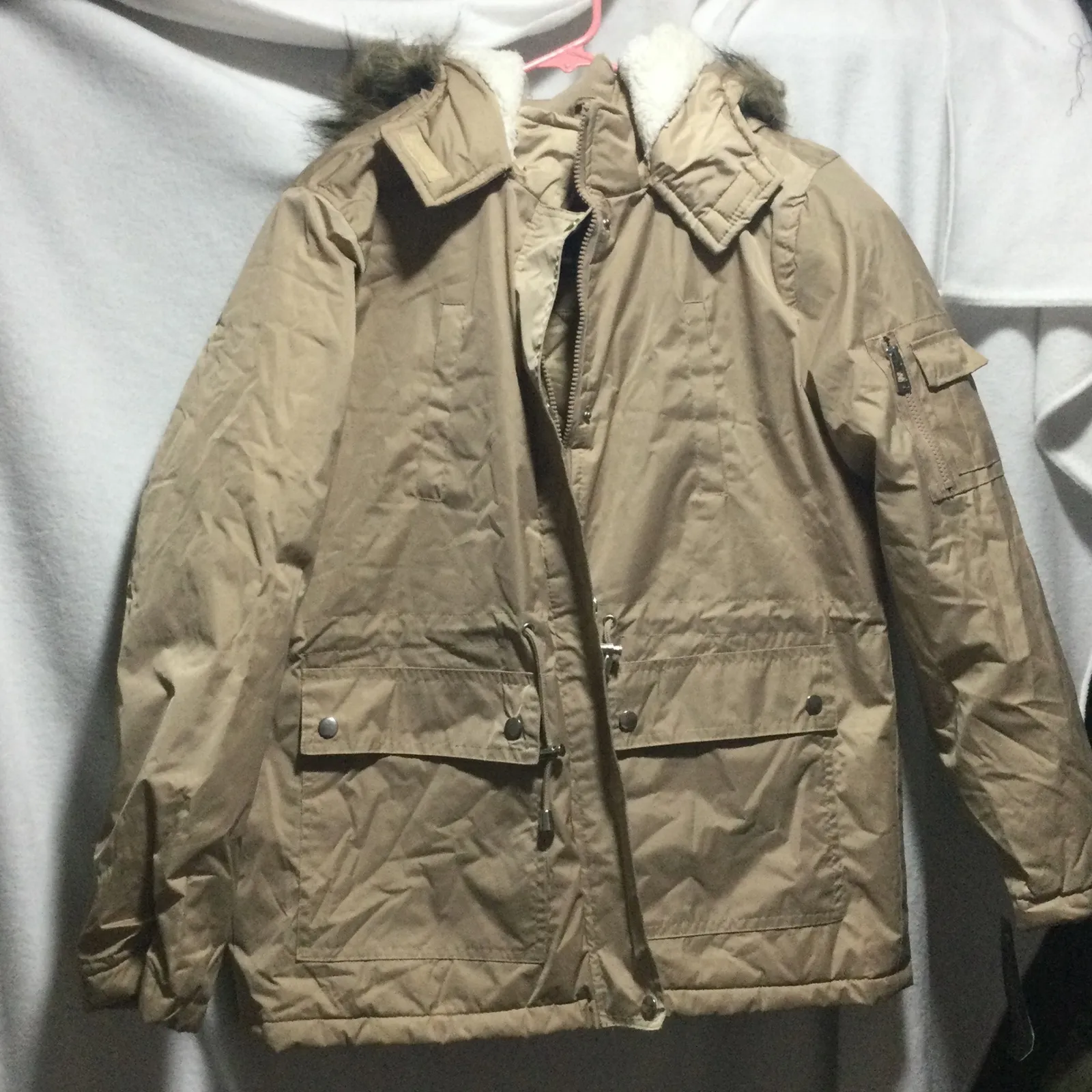 Bella Donna Moda Italiana Beige Quilted Lined Parka Jacket with Faux Fur Hood XL Tan - Image 2