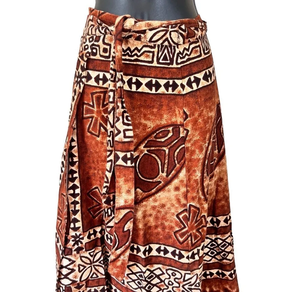 Vintage 1960’s Tiki Tapa Designs Barkcloth Hawaiian Maxi Wrap Skirt Brown Size undefined - Image 3