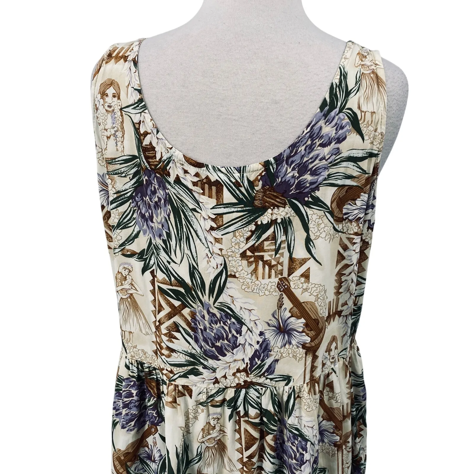 Vintage 90s Hawaiian Print Mini Dress Hula Girl Ukulele Pockets Babydoll 16 XL Brown - Image 6