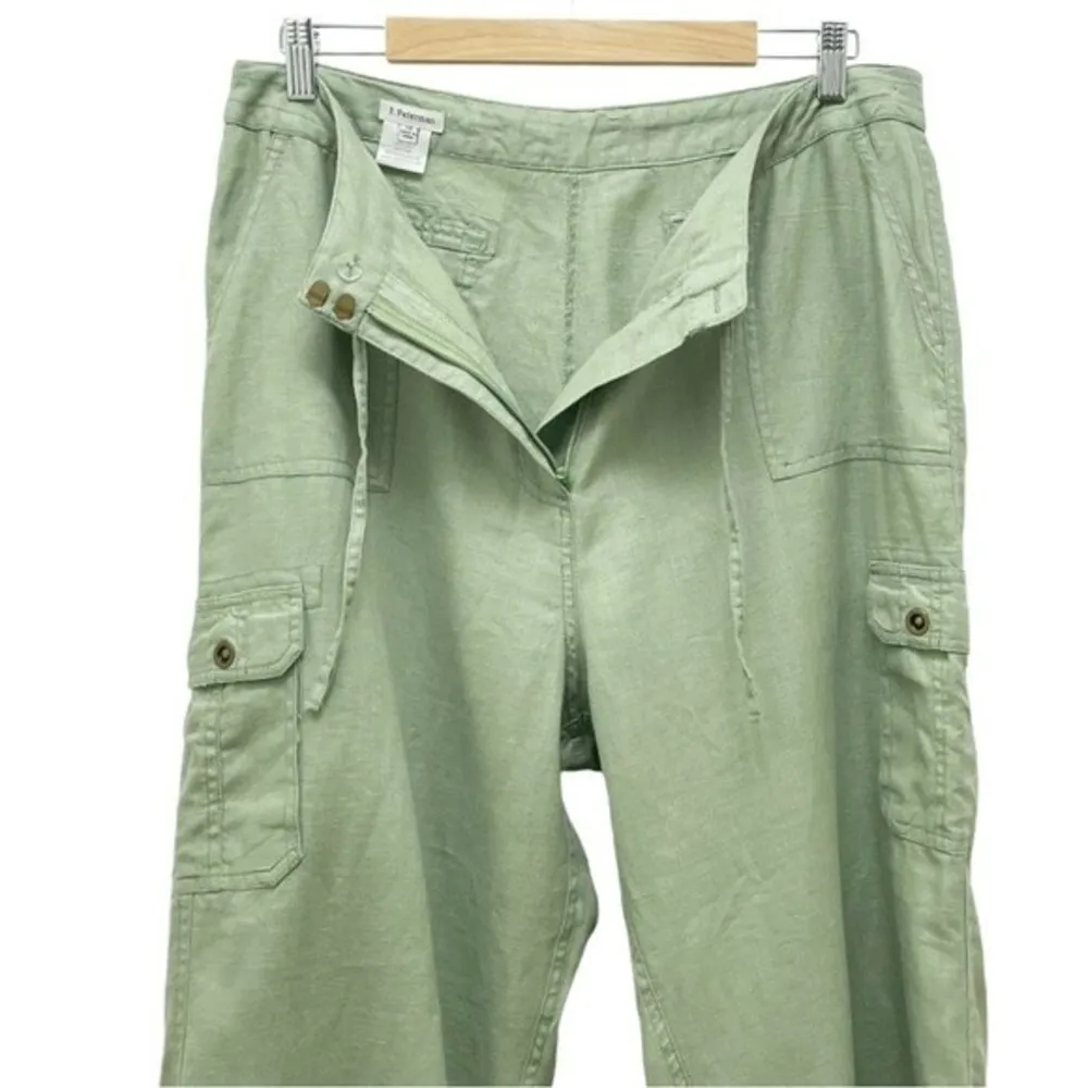J. Peterman 100% Linen Celery Green Cropped Cargo Pants Size 14 Flowy Lagenlook - Image 5