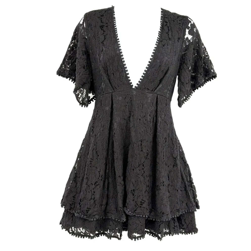 Showpo Lace Mini Dress 6 Whimsigoth Romantic Babydoll Deep V Fairy Grunge Y2K Black - Image 2