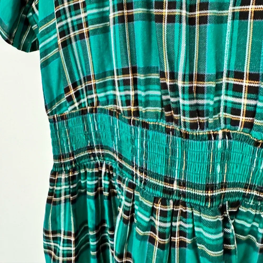 Sugarlips Teal Plaid Midi Dress size 2X Short Sleeves Smocked Waist - Image 3