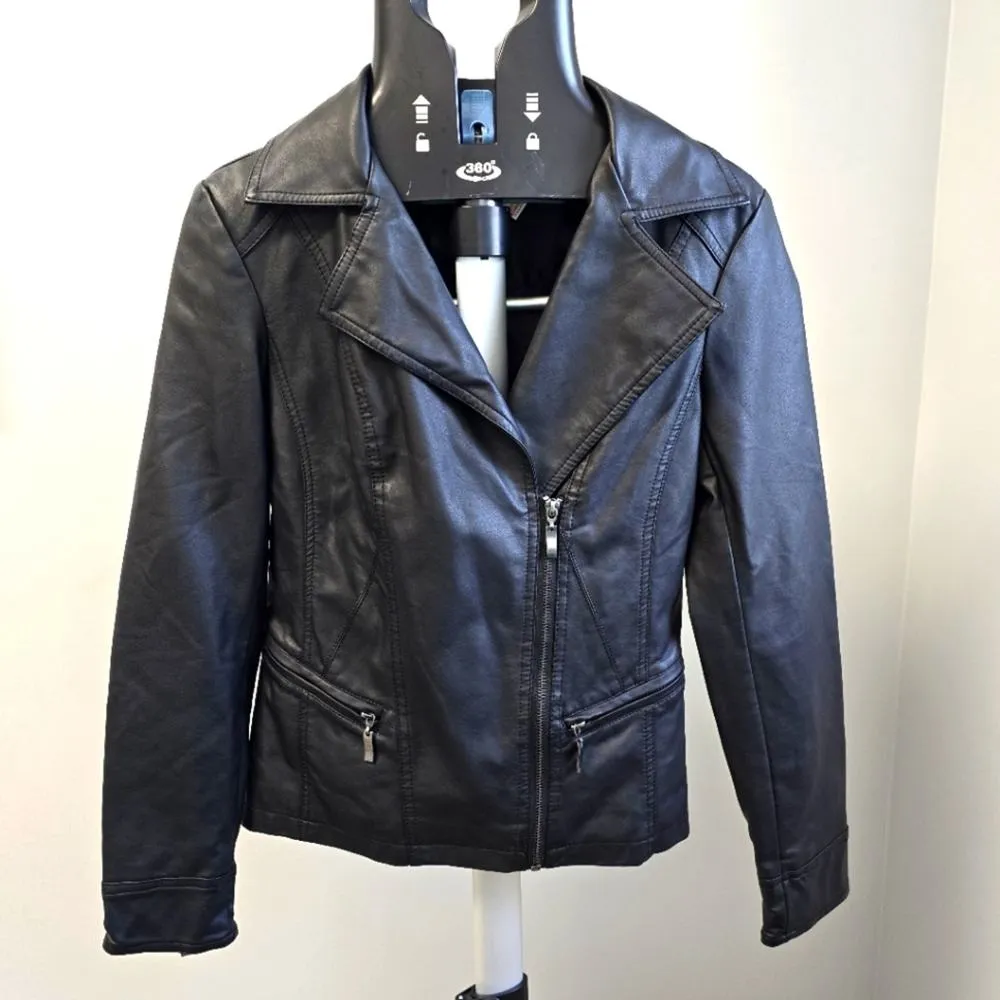 Leather Coat Jacket Vegan Black Zipper Closure Size XSMALL Kaari Blue Biker Chic - Image 2