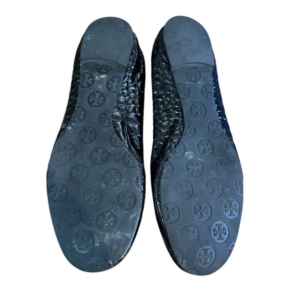 TORY BURCH Reva Black Leather Croc Print Ballet Slip On Flats Scrunch Back 11M - Image 9
