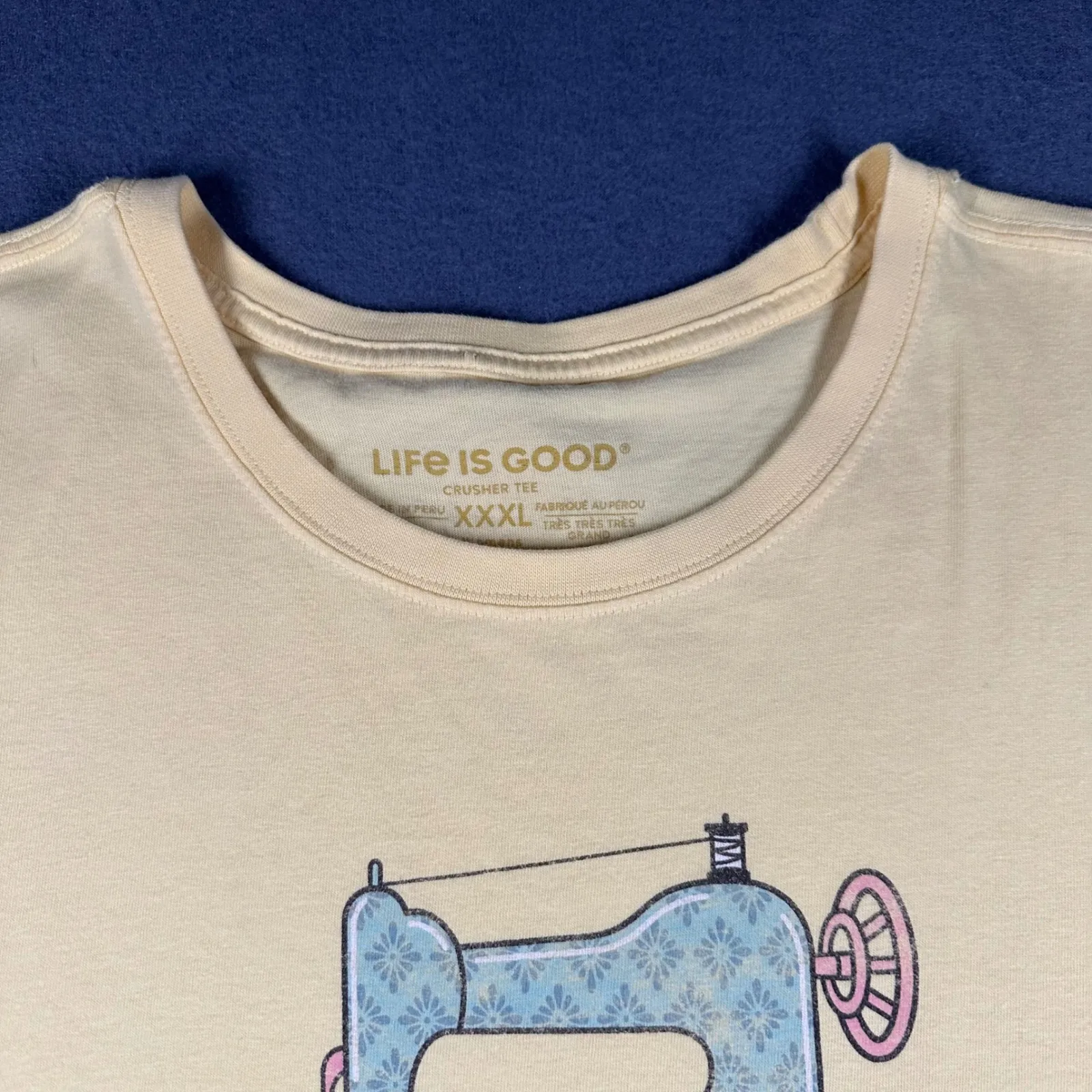Life is Good Crusher Tee Womens XXXL Yellow Crew Neck Sewing Machine Graphic T - Image 3