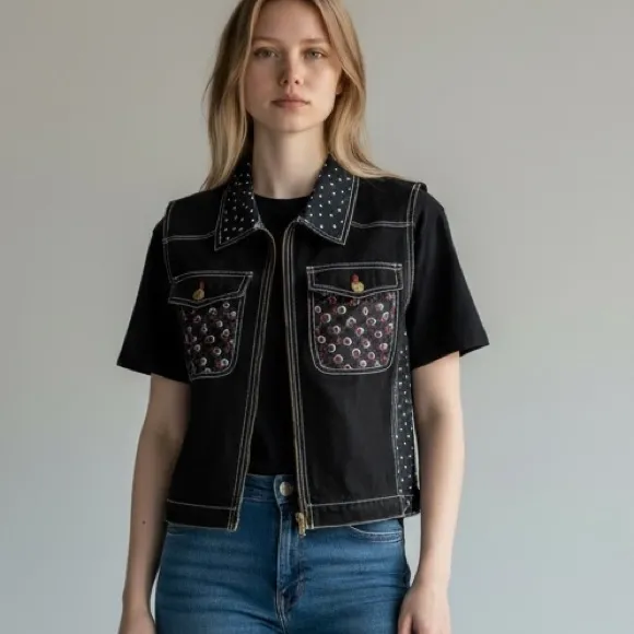 Carole Little Sport Black Zip Vest XL Star Moon Western Denim Style Vintage - Image 8