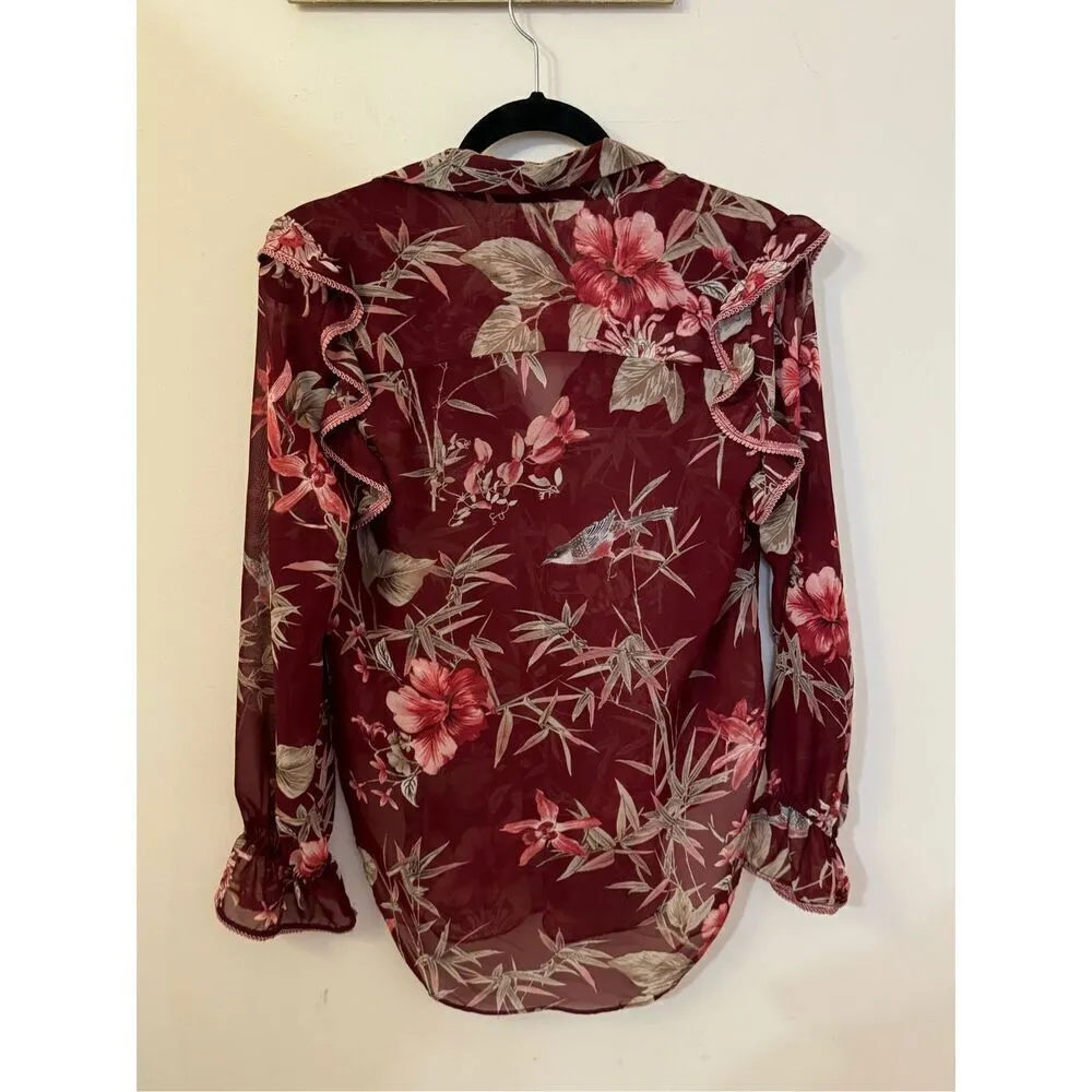 Misa Los Angeles Maroon Floral Bird Print Top XS - Image 6