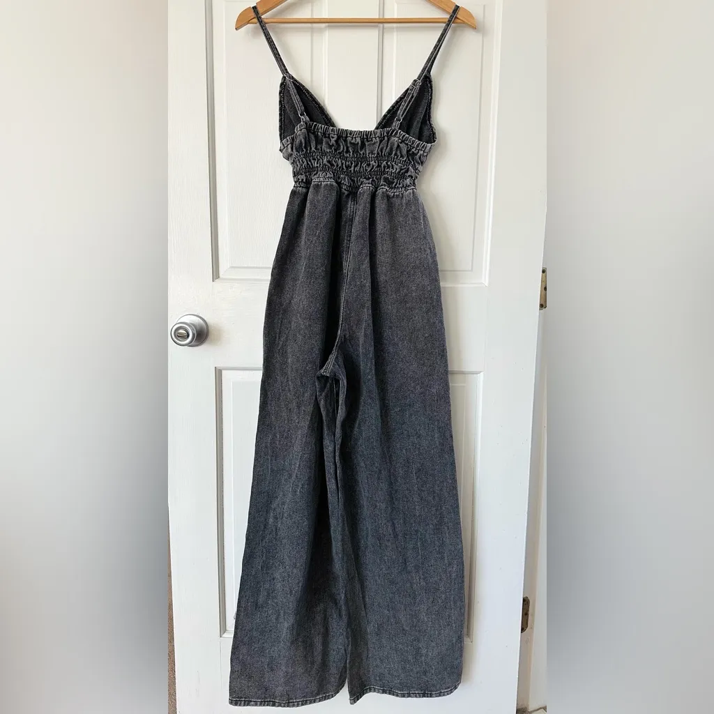 Black Denim Wide Leg Jumpsuit Spaghetti Straps V - Image 3