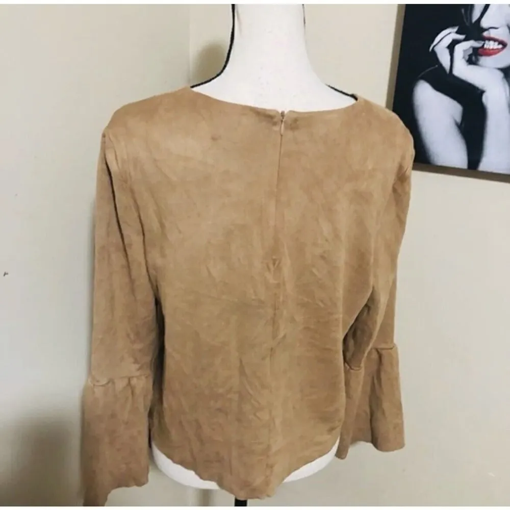 Do+Be Faux Suede blouse top Bell sleeves bohemian TAN SMALL Hippie western NEW - Image 4
