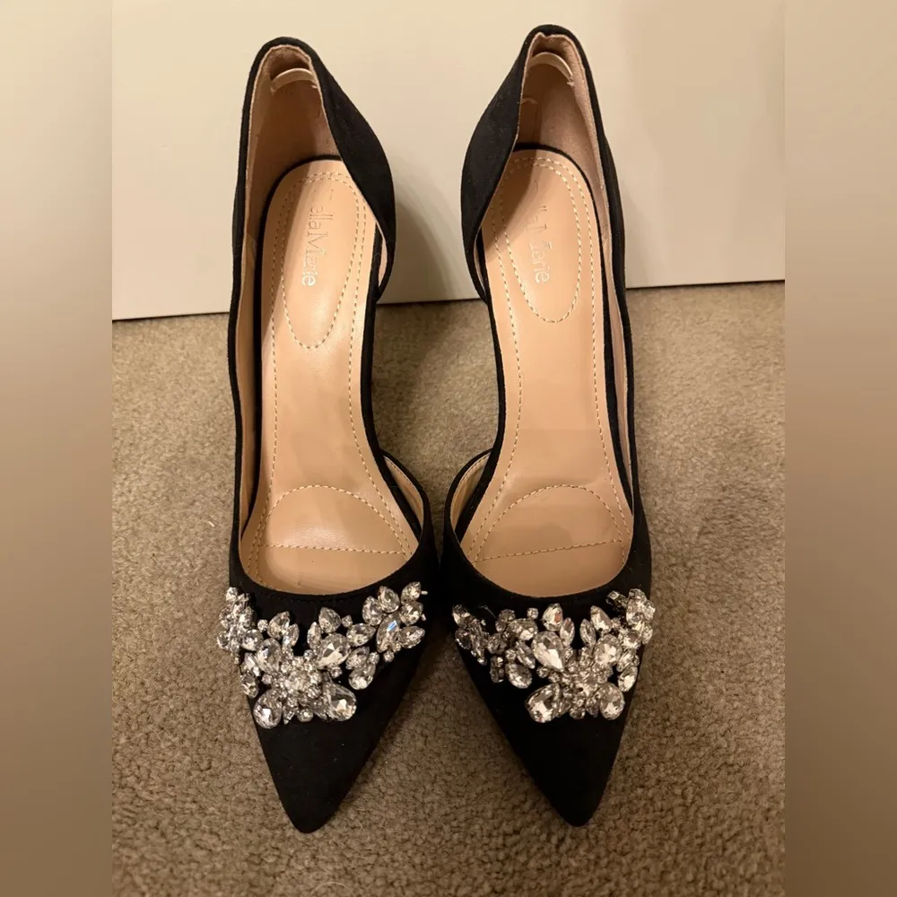 Bella Marie Black Vegan Faux Suede Stiletto Heels with Crystal Details Size 10 - Image 5