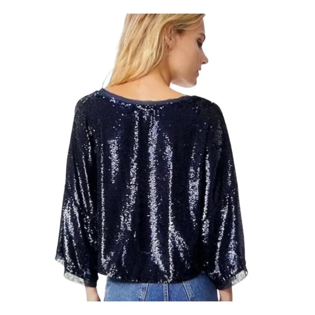 Free People Champagne Dreams Navy Sequin Top Oversized Holiday Party Glam SZ XS - Image 2