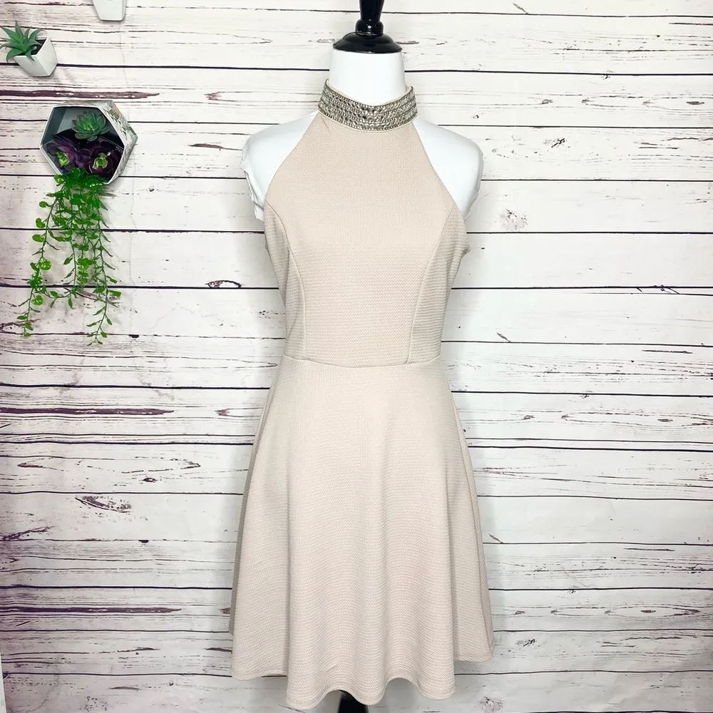 Champagne Jewel Collar Halter Skater Party Dress Size Medium - Image 7