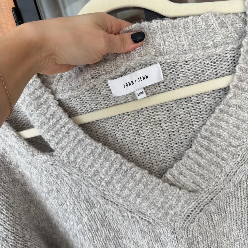 John + Jenn knit sweater cutout vneck alpaca cotton chunky molly neutral heather - Image 2