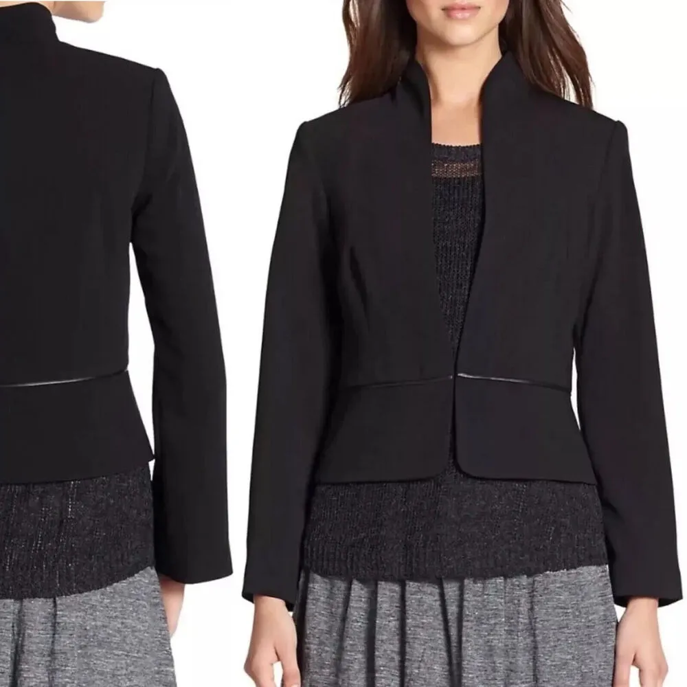 Eileen Fisher Size M Leather Trim Tropical Suiting Eco Poly Jacket Blazer Black - Image 2