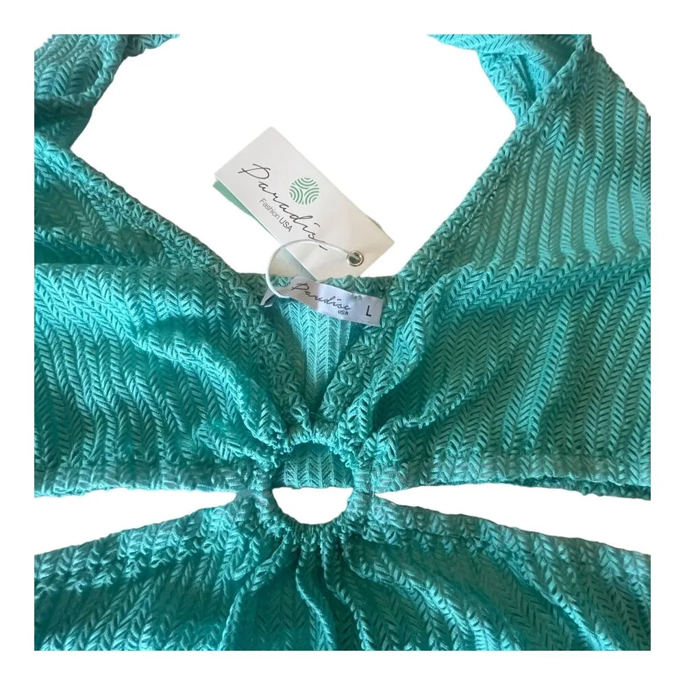 NEW Cut Out Crochet Beach COVER UP DRESS Teal Green Bodycon LG Plunge Halter - Image 4