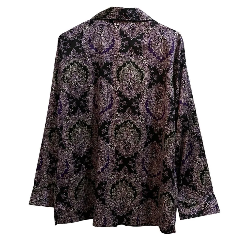 Lauren Ralph Lauren Large Pajama Top Button Down Purple Paisley Floral Satiny - Image 6