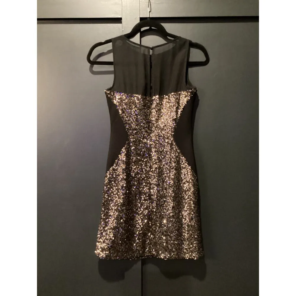 Aidan Mattox Illusion Sequined Sheath Mini Dress Sleeveless Black Gold US 0 - Image 3