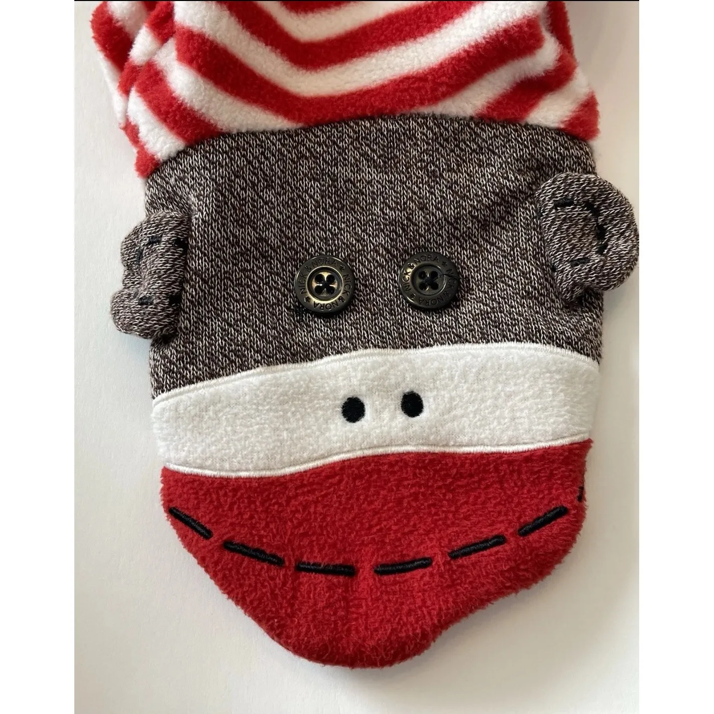 Nick & Nora Red White Stripe Monkey Face Fleece Pajamas Sleepwear One Piece M - Image 6