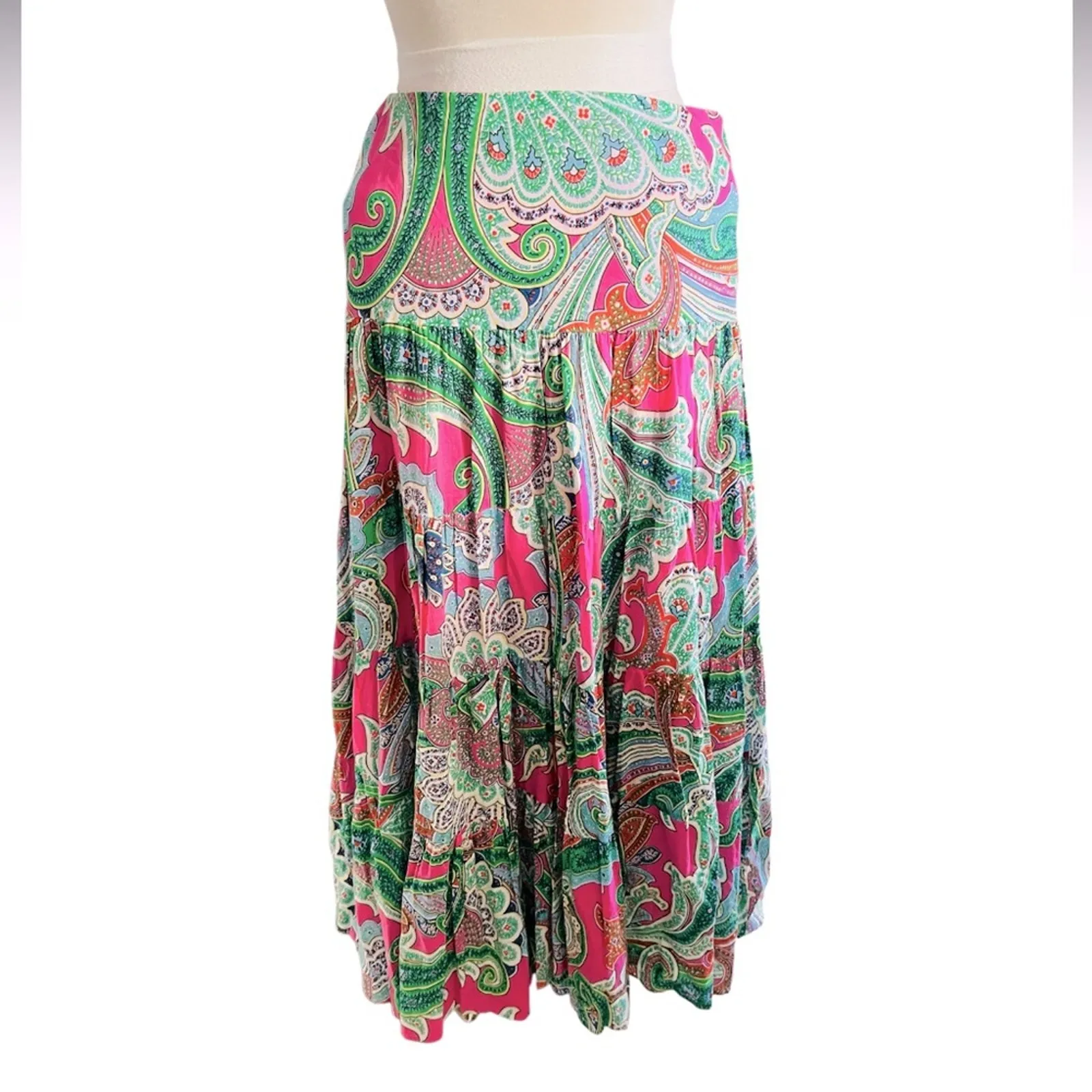Ralph Lauren Lauren Pink Green Paisley Tiered Skirt Boho Midi Size Large NWT - Image 4