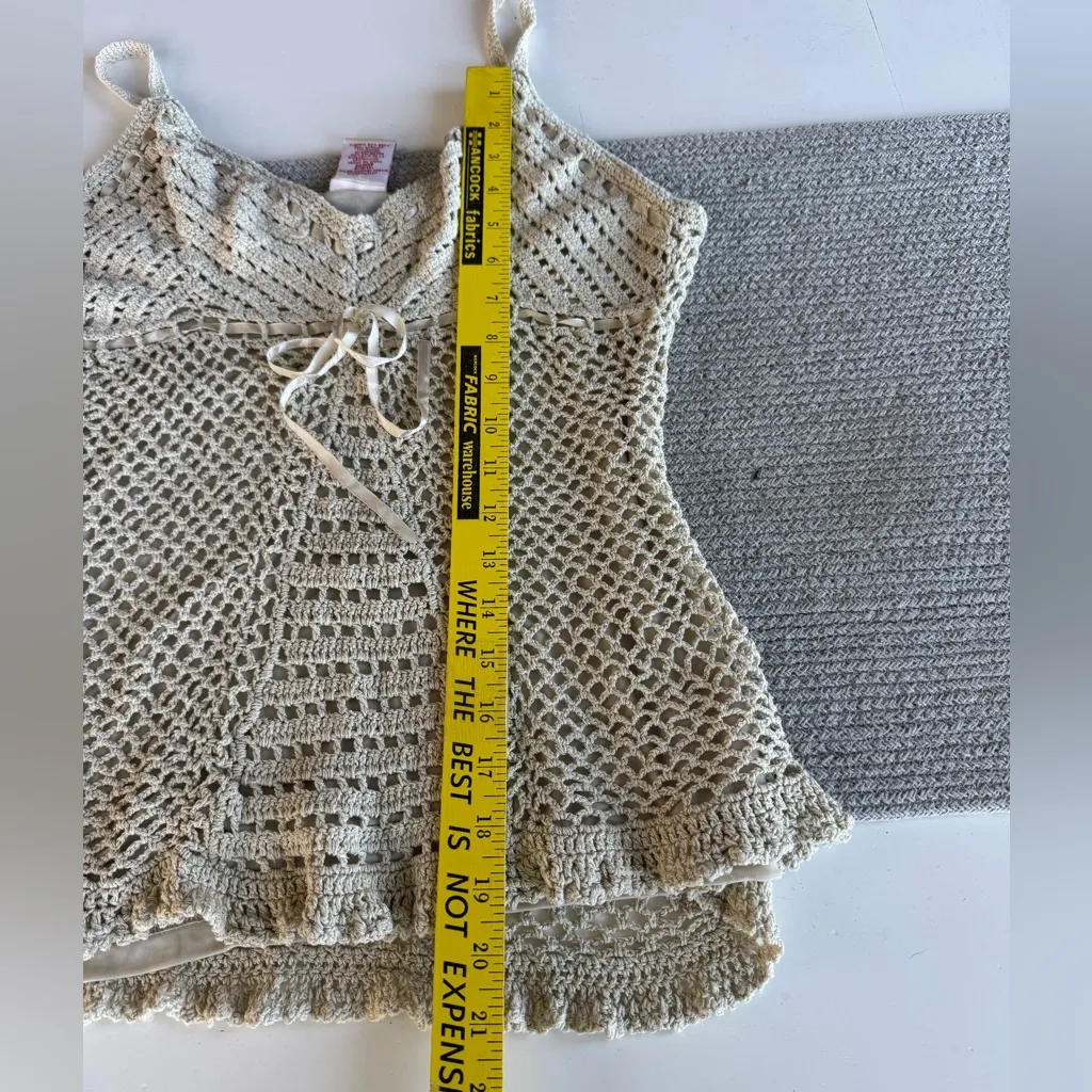Vintage Faded Glory Ivory Cream Crochet Babydoll Cami Tank Top Sz Large Tan - Image 9