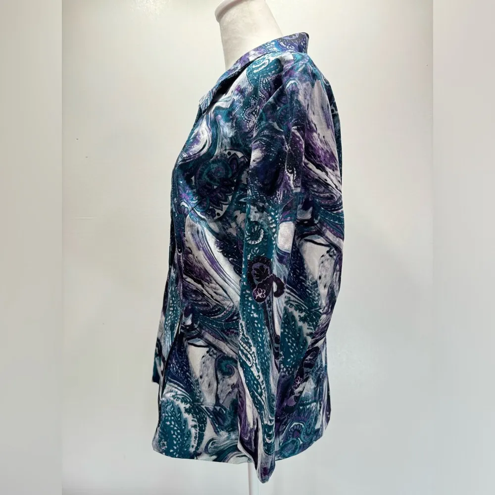 Chico’s Purple Turquoise & Gray Paisley 3/4 Sleeve Snap Front Collared Jacket - Image 7