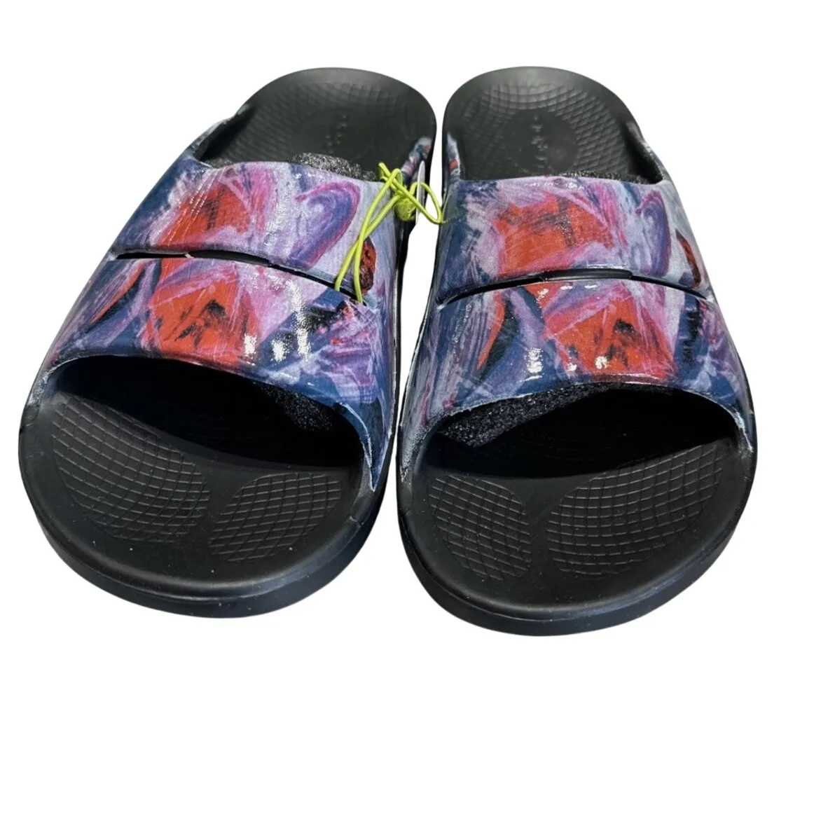 OOFOS OOLALA Sandal Slide Black Abstract Floral Comfort Women's Size M6 W8 EU39 Purple - Image 3