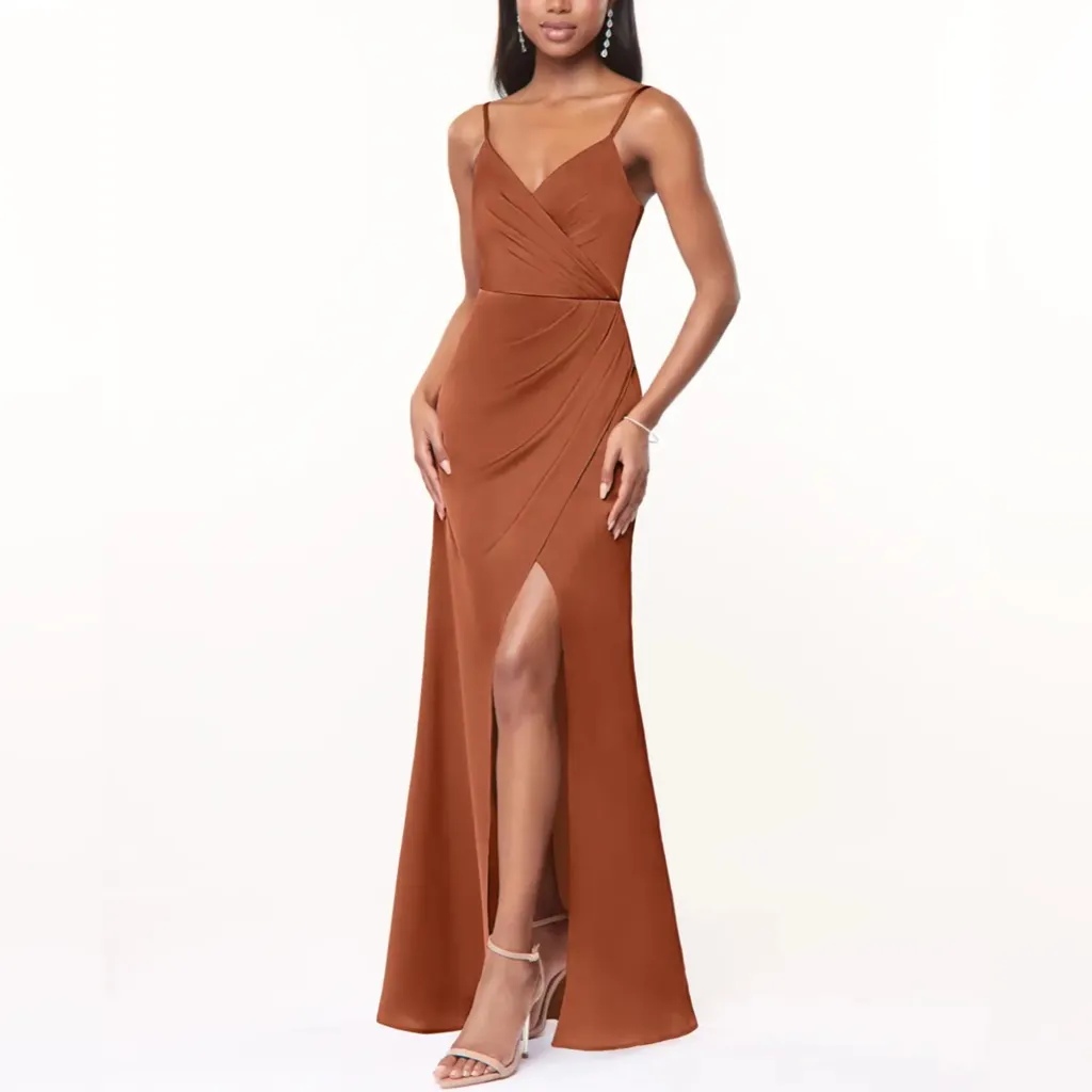 NWT Azazie Maci Bridesmaid Dress Size A6 Cedar Rose Pleated Stretch Satin Gown - Image 3