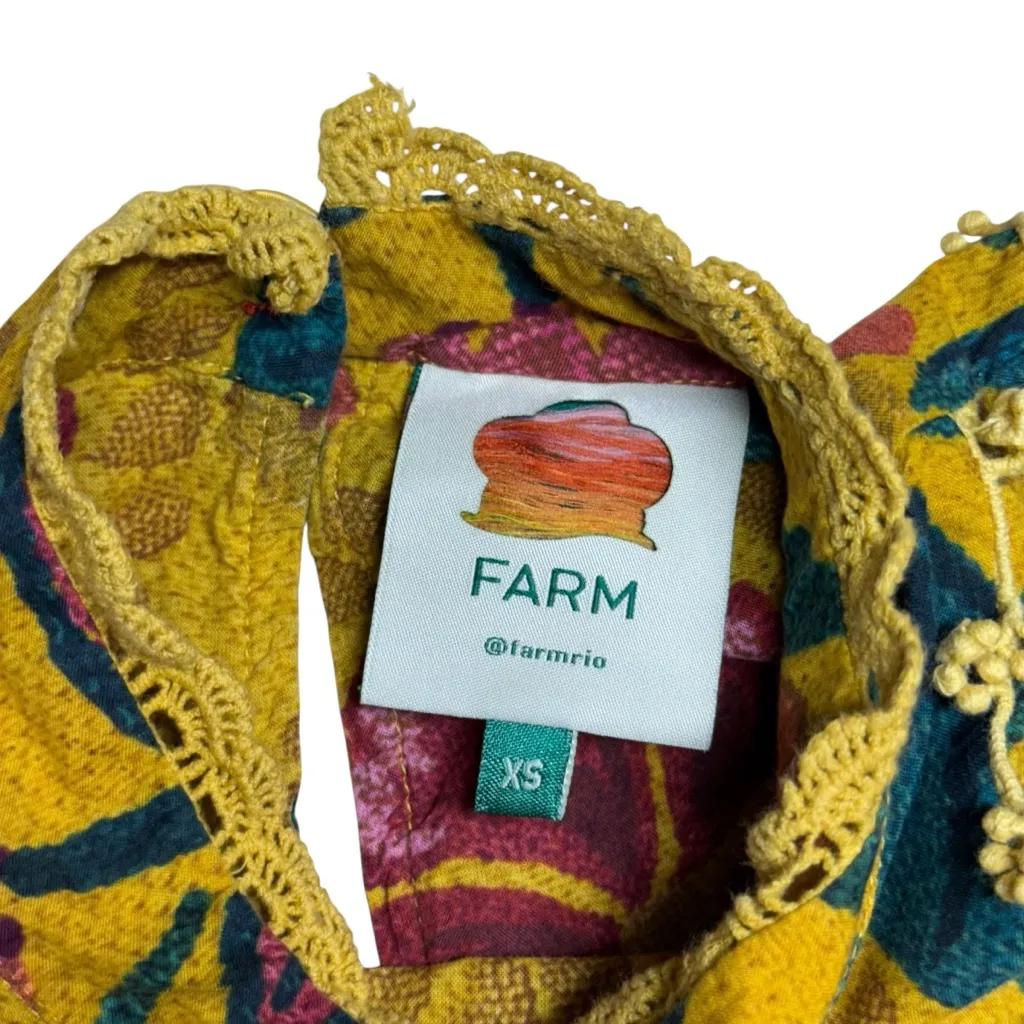 Farm Rio Flowerdoscopic Cotton Ruffle High Neck Floral Mini Dress Yellow Size XS - Image 10