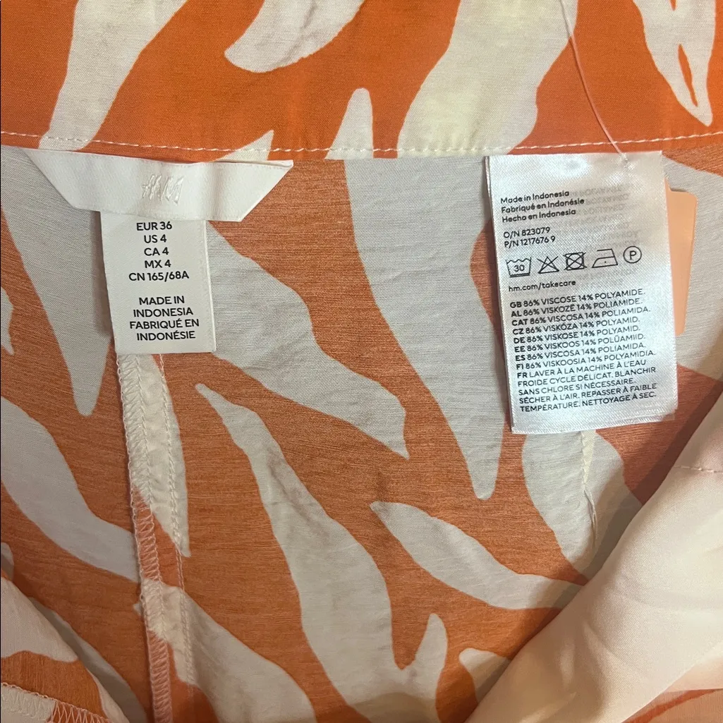 H&M Wide Leg Trouser Pant Orange White Leaf Beach Vacation Swim Pocket 4/28” - Image 7