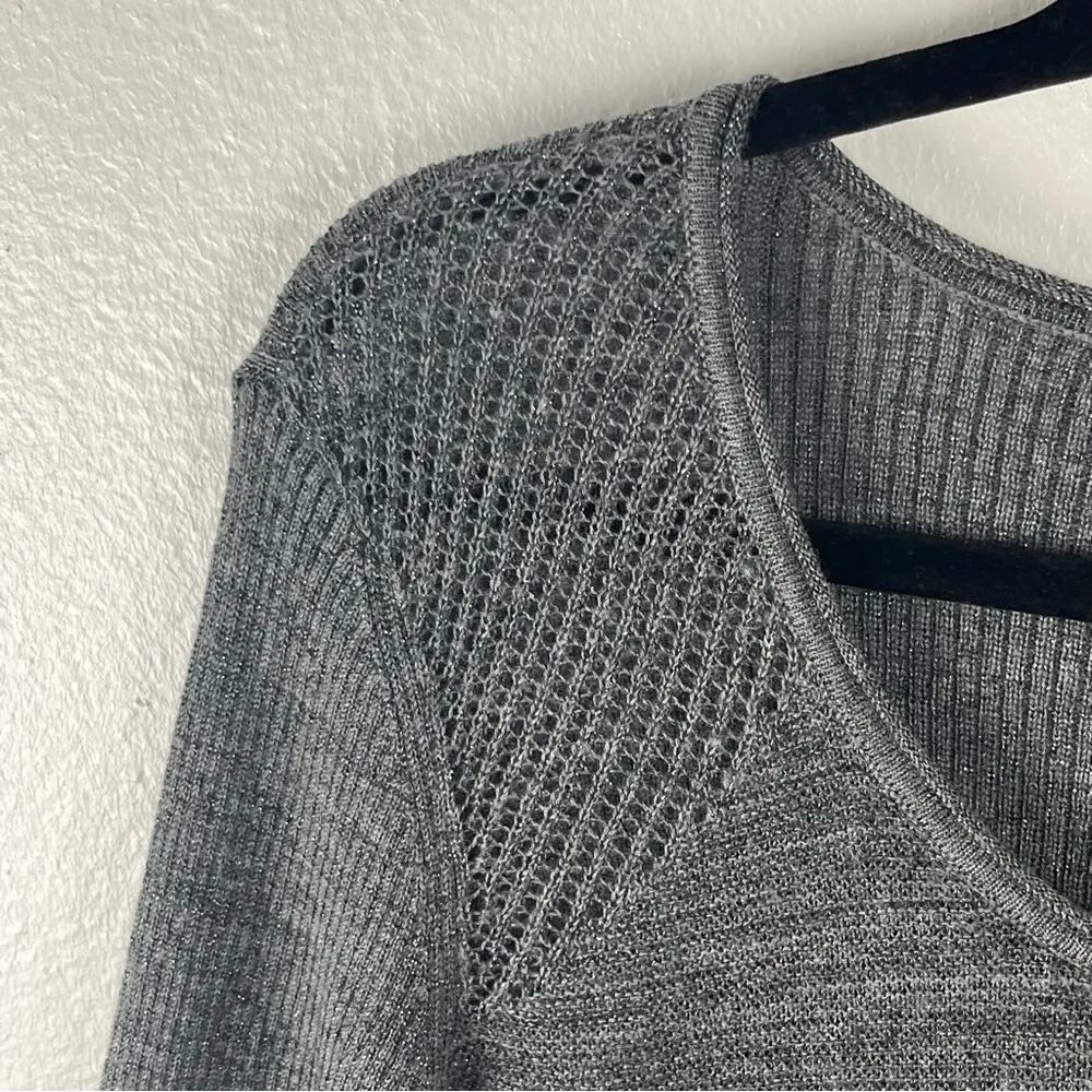 EILEEN FISHER Gray Merino Wool Metallic Blend Long Sleeves Sweater, Size Large - Image 6