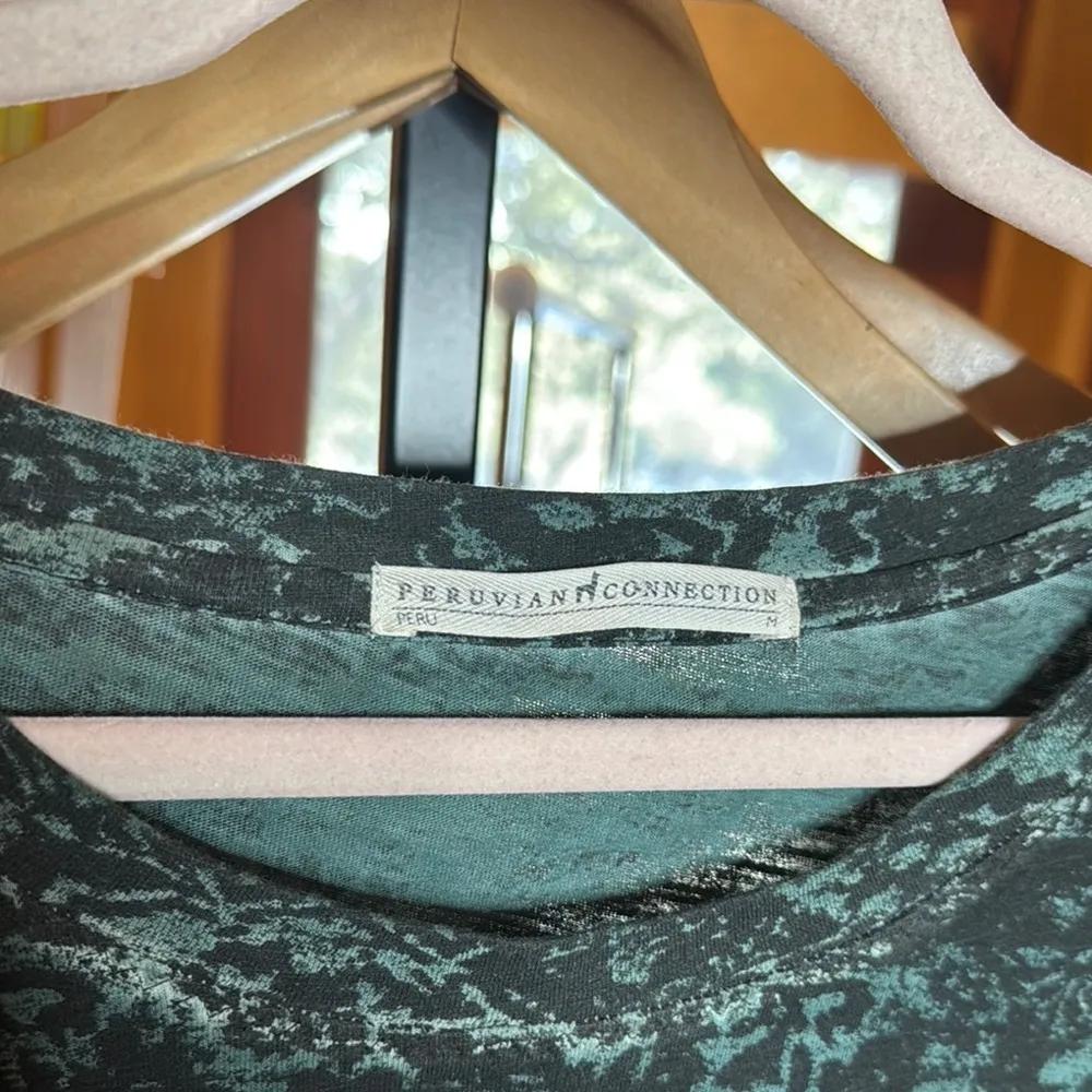 Peruvian Connection Shift Dress Mini Long Sleeve Floral Green Cotton Size Medium - Image 3