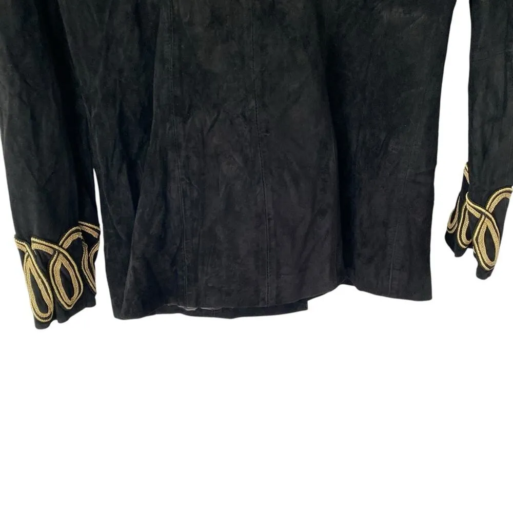Etosha Vintage Black Suede Military Jacket Gold Embroidery Scroll Detail size 10 - Image 7