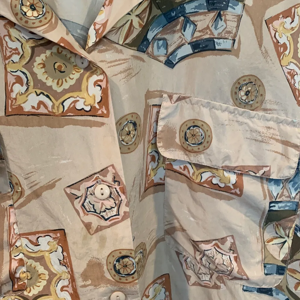 Vintage 60s Van Heusen for Her Beige Patterned Silk Button-Up Shirt Women’s XL - Image 6