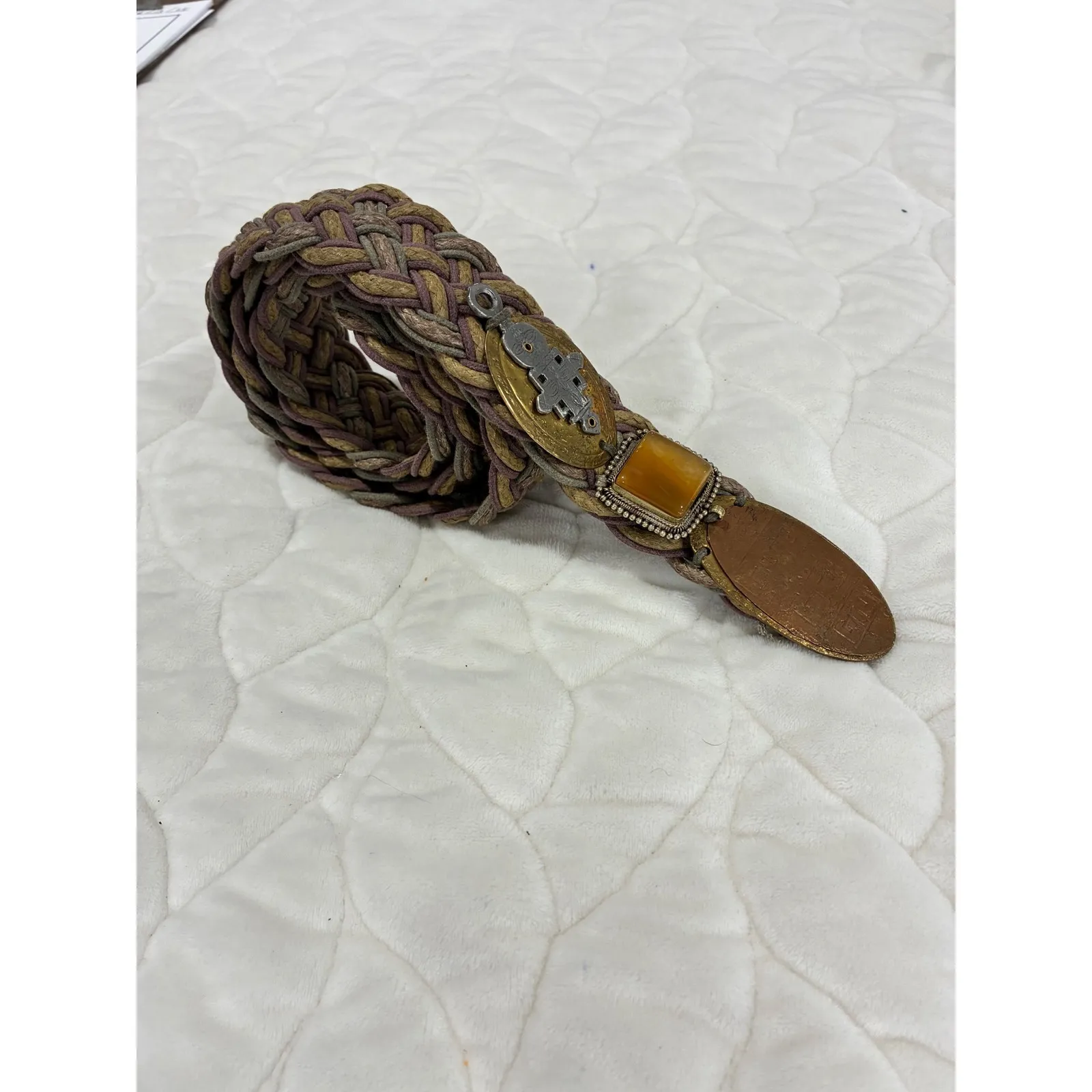 Vintage Braided‎ Woven Belt with Decorative Stones and Metal Accents Boho Style Brown - Image 5