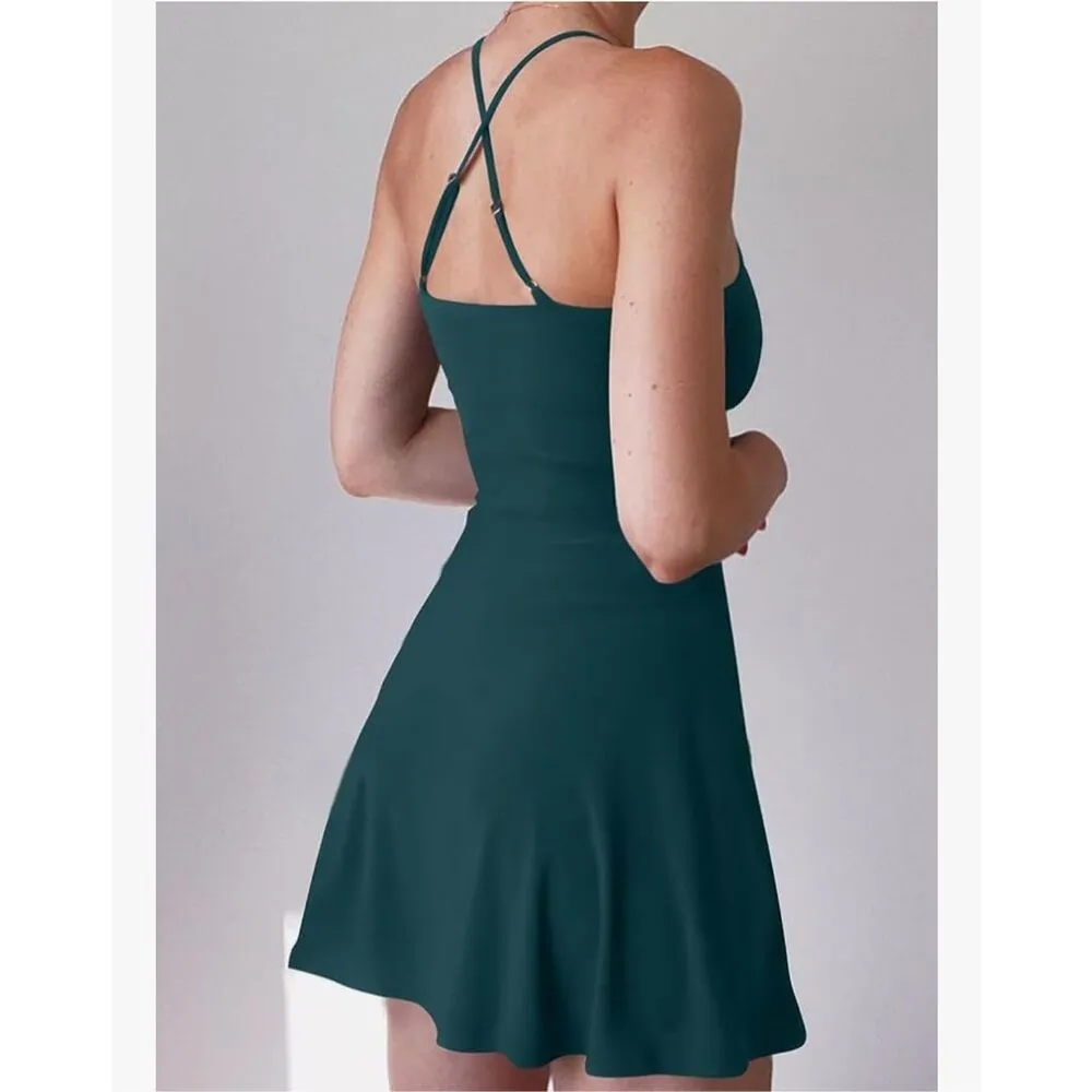 NEW Athletic Scoop Neck Spaghetti Strap Tennis Mini Dress w/ Shorts S Black - Image 2