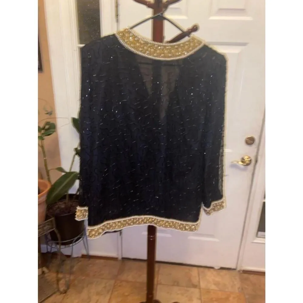Women's Laurence Kazar Black and Gold Beaded Jacket Size L - Image 8