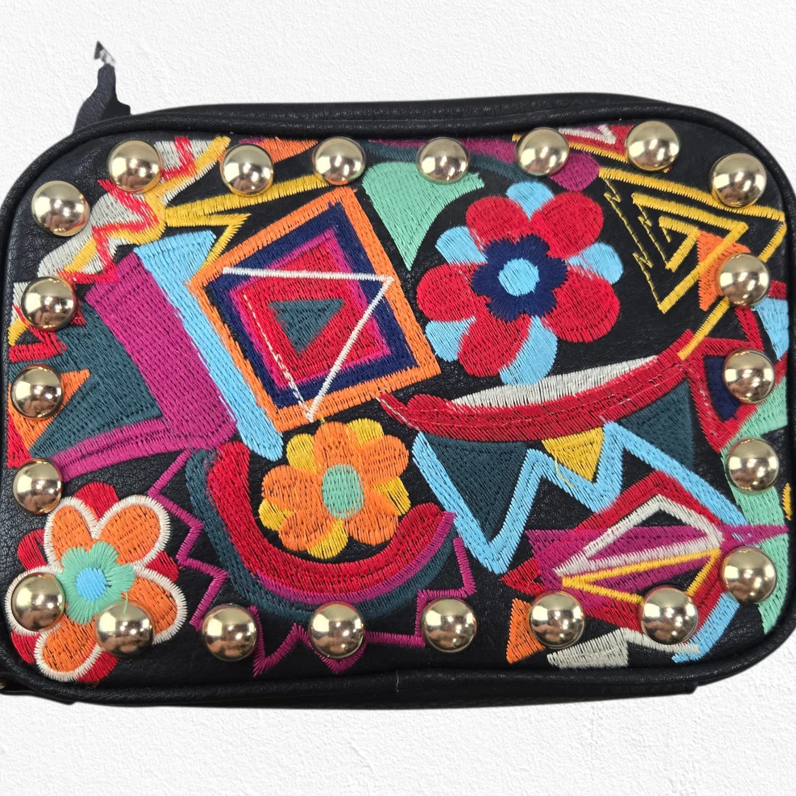 Steve Madden Braye Black Crossbody Bag Boho Embroidered Floral Studded Purse - Image 2