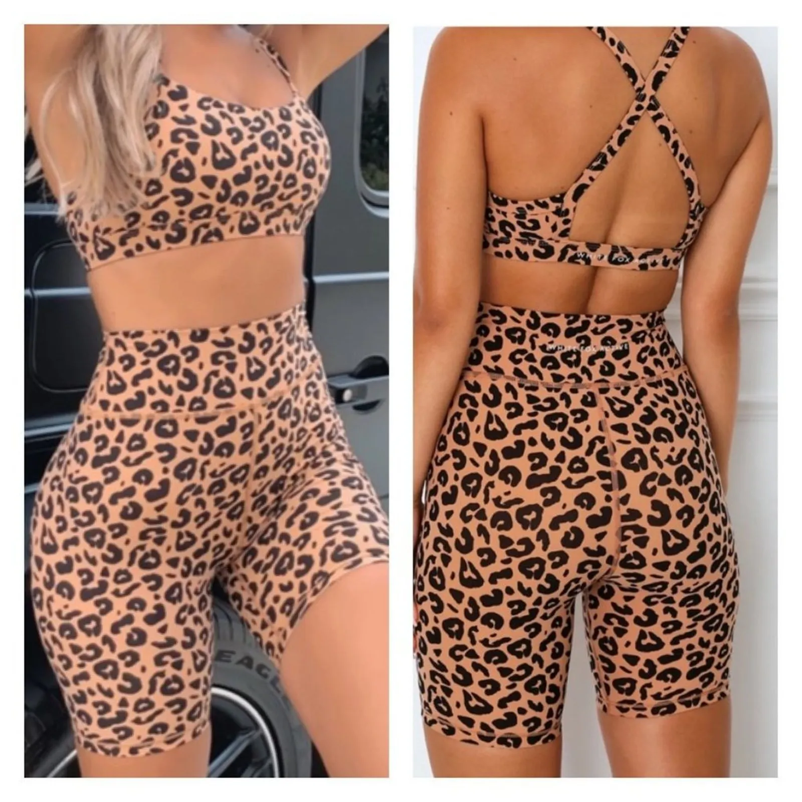 White Fox Active Safari Sports Bra, Bike Shorts and Leggings set in Leopard Prin - Image 7