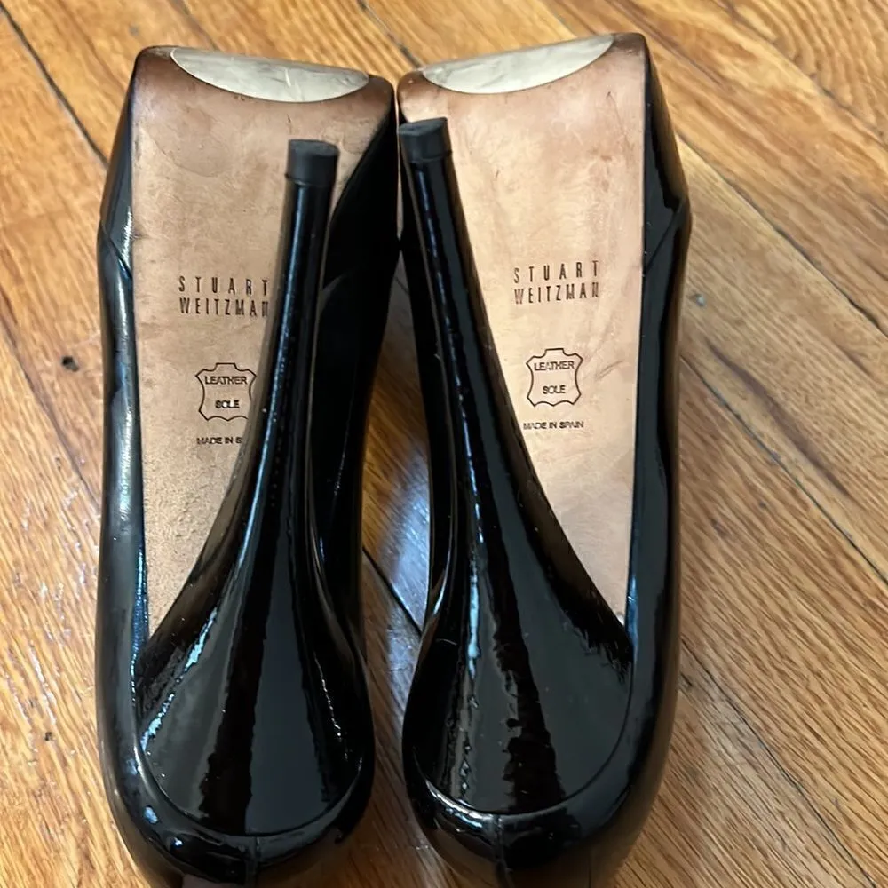 Stuart Weitzman Black Patent Leather Platform Peep Toe Pumps Size 7M - Image 10