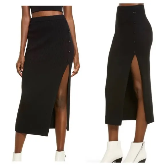 NWT Open Edit Black Ribbed Stretch Side Button Slit Knit Sweater Midi Skirt 2X - Image 2