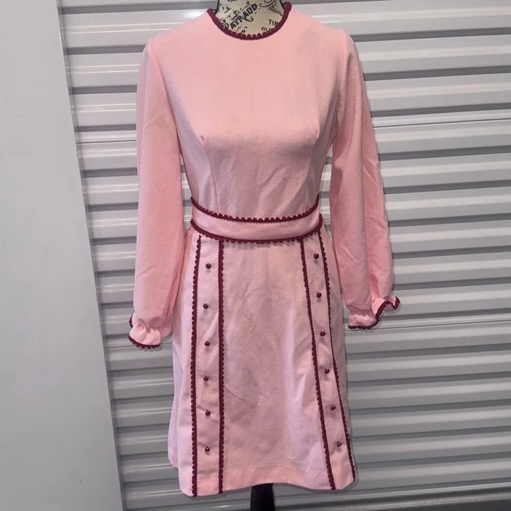 Vintage 70's Dress Size M Pink Burgundy Trim Long Sleeve Size M - Image 3