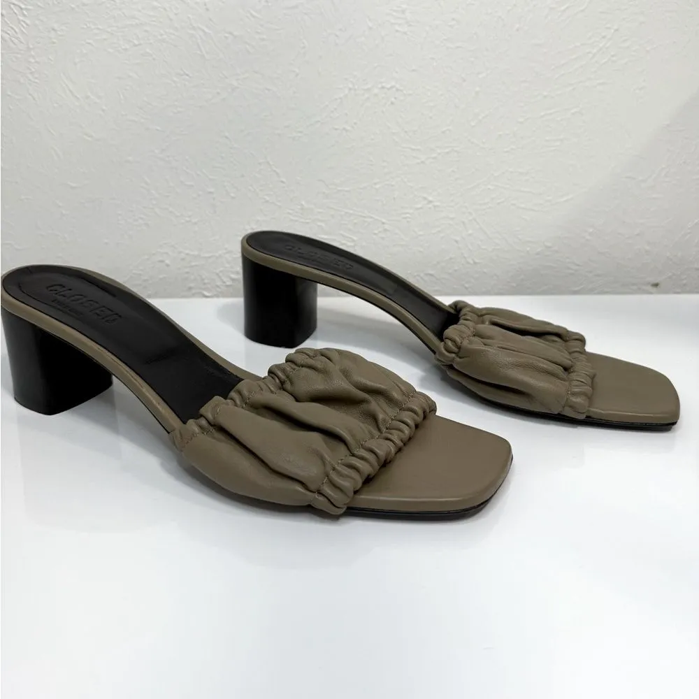 Closed Leather Ruched Mules 3” Block Heel Open Toe Sandals Size 41 EUC Green - Image 3